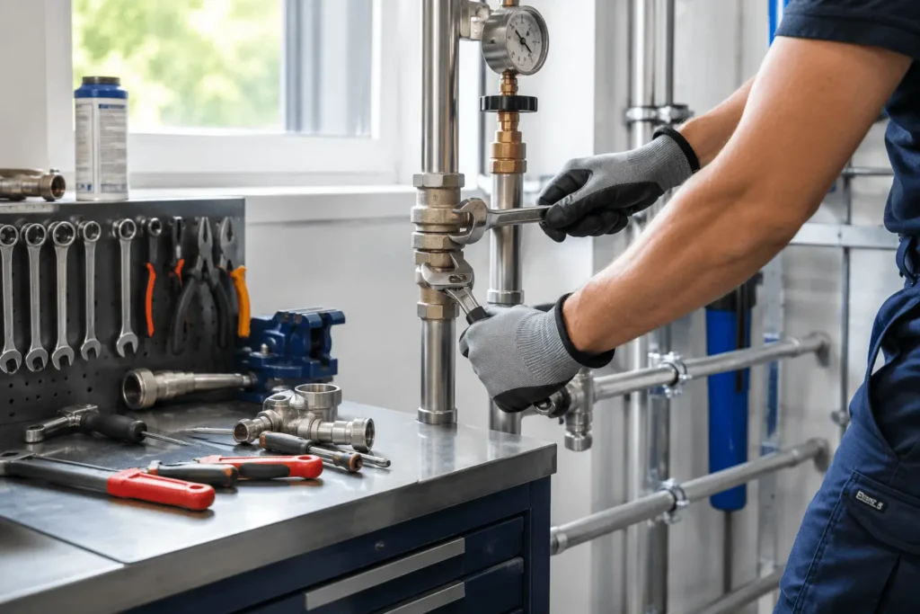 Tècnic revisant generador de gasos industrials per al servei postvenda i manteniment de Neofluid, assegurant optimització contínua.