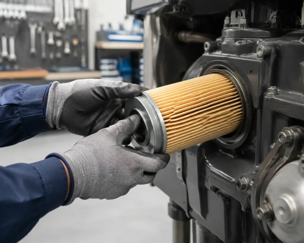Técnico sustituyendo el filtro de aceite de un compresor de tornillo industrial, asegurando un mantenimiento óptimo para alargar la vida útil del sistema.