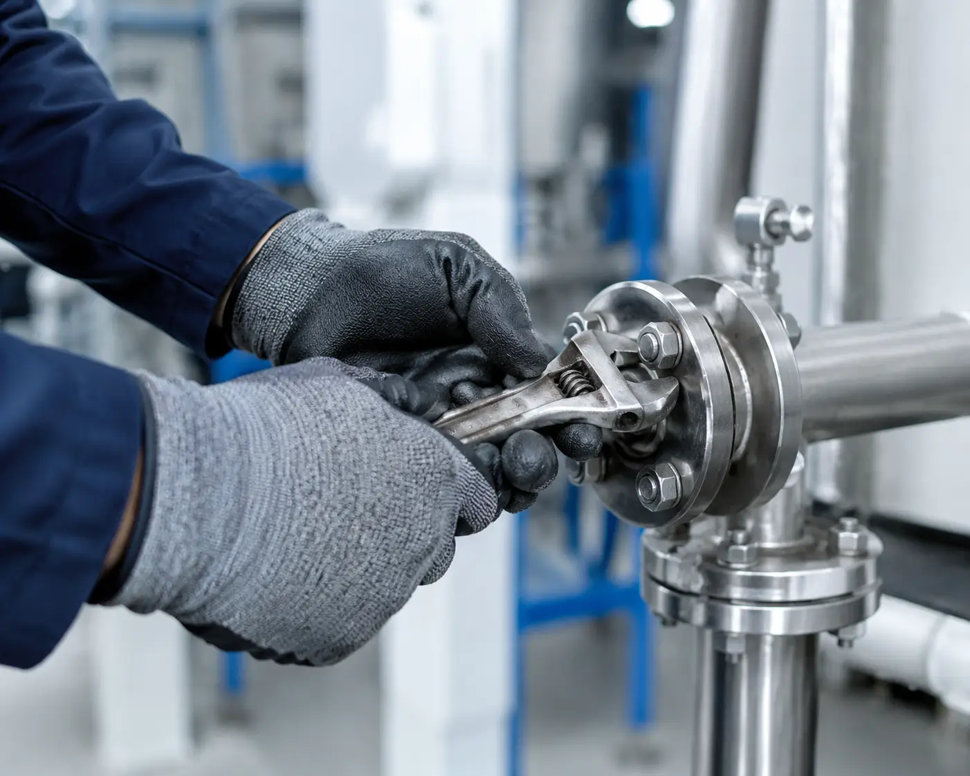 Tècnic realitzant el manteniment preventiu d'un compressor d'aire industrial amb una clau anglesa per optimitzar la seva eficiència i vida útil.