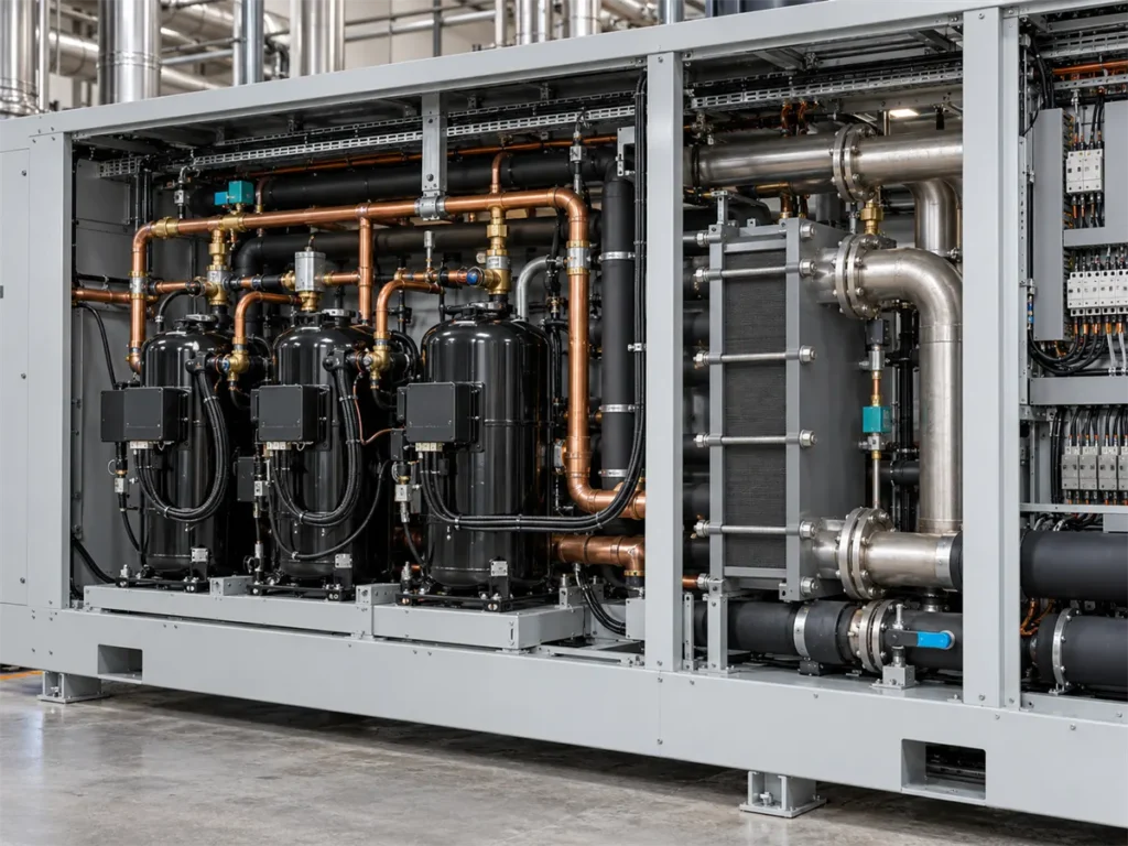 Interior d'un refredador d'aigua industrial amb compressors i intercanviador