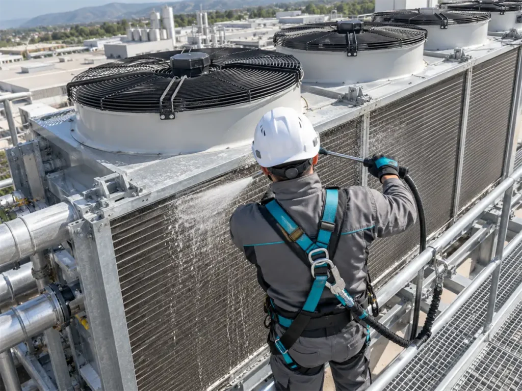 Tècnic revisant les bateries d'un aerorefrigerador a coberta