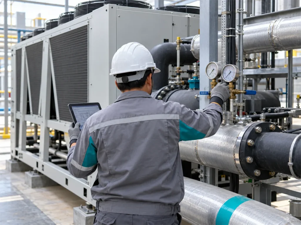 Tècnic fent el manteniment d'un refredador d'aigua industrial