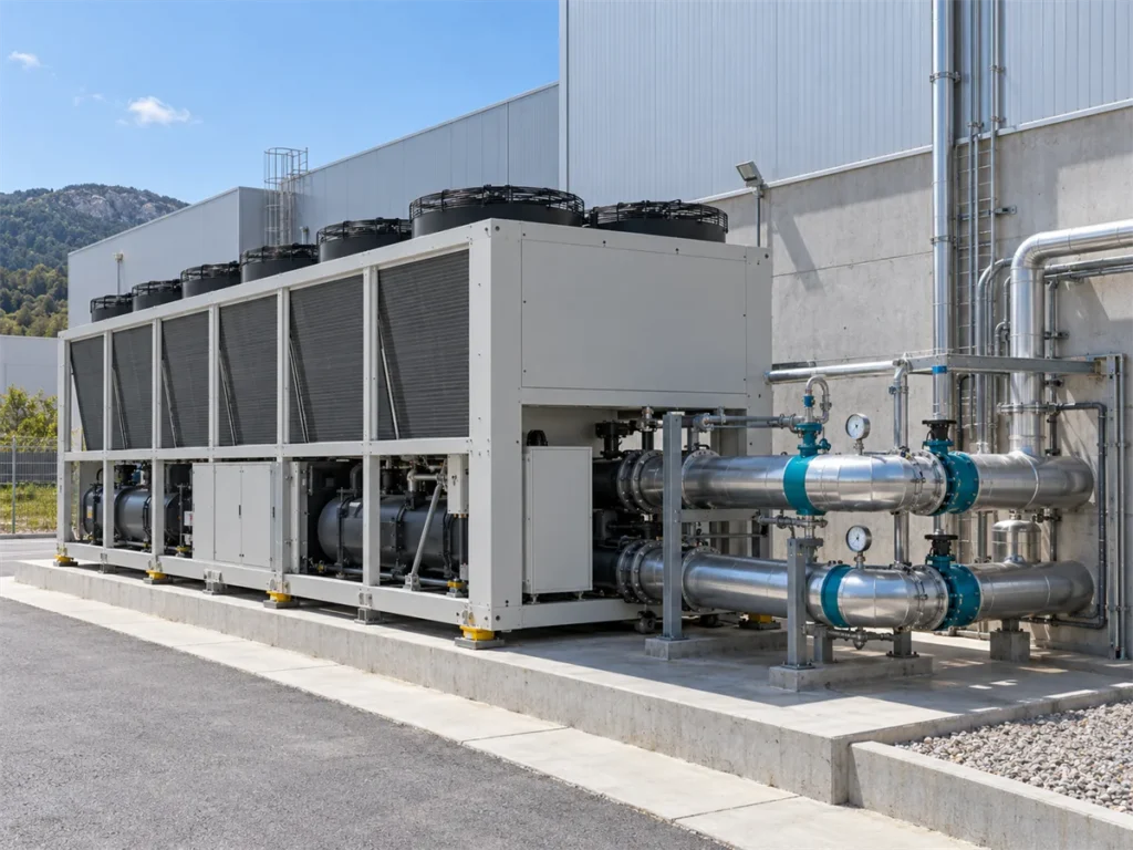 Refredador d'aigua industrial (chiller) instal·lat a l'exterior d'una nau